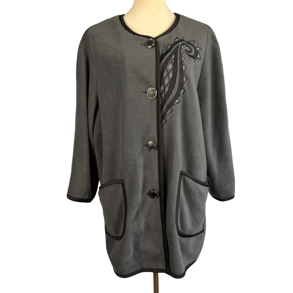 Bob Mackie Wearable Art Gray Fleece Cardigan Jacket Paisley Applique Large‎